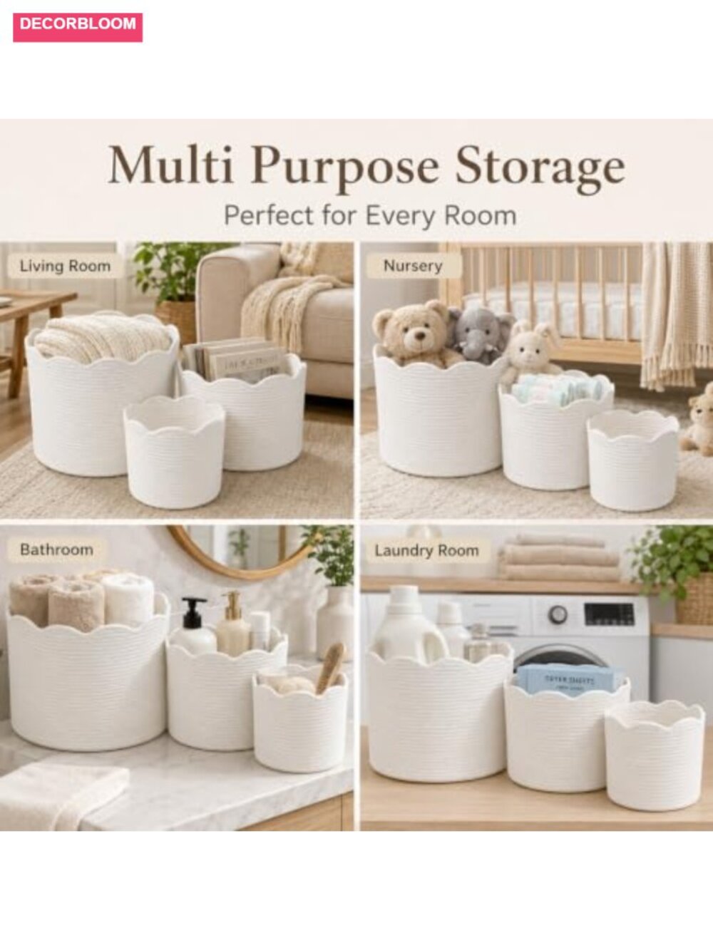 Cotton Rope Woven Storage Basket Set of 3 Scallop Edge Boho Nursery Organizer - Picture 5 of 6